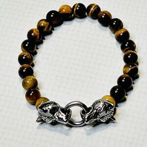 Tigers Eye Wolf Heads Bracelet Stainless Steel, Brown, Stretch, Spiritual Unisex
